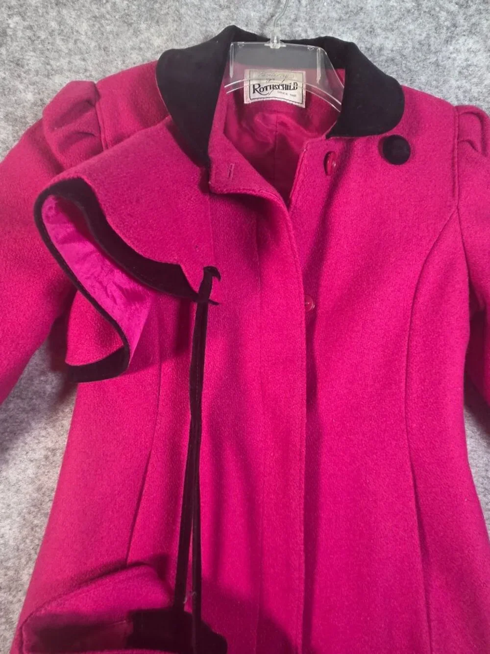 Rothschild Vintage Girls Wool Coat & Bonnet Pink Black Velvet Size M Cottagecore